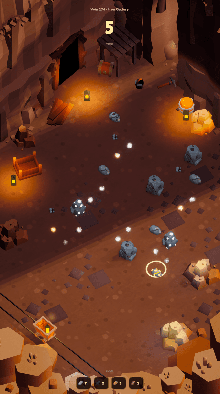 A mining run in progress: the mining circle over a board of rocks, five seconds on the clock, and the loot bar at the bottom of the screen.